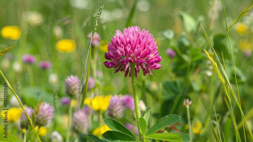 Vibrant Purple Clover Flower Blooming Amongst Wild Meadow Flora Vibrant Purple Clover Flower Blooming Amongst Wild Meadow Flora