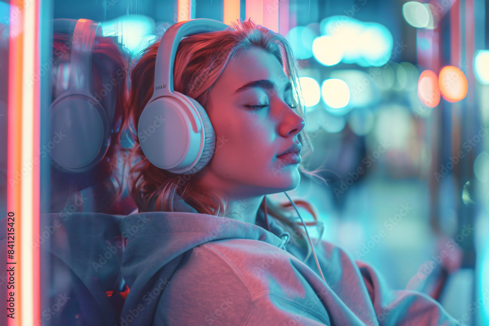 Obraz premium a woman wearing headphones is sitting on a bus