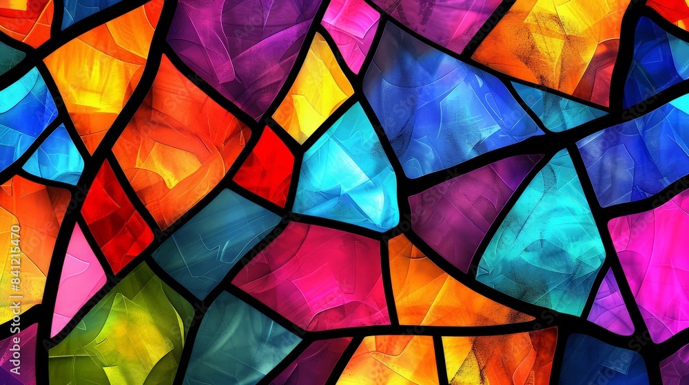 Develop an abstract background inspired by stained glass, using colorful, fragmented shapes and bold outlines to create a vibrant and intricate visual. Develop an abstract background inspired by stained glass, using colorful, fragmented shapes and bold outlines to create a vibrant and intricate visual.