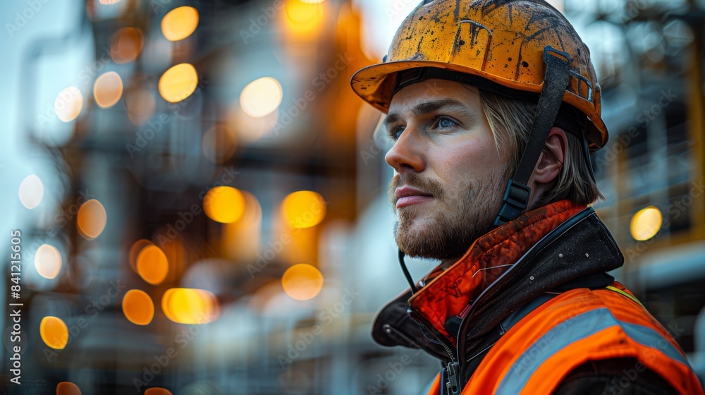 Double exposure of an engineer wearing a helmet at an oil production plant Double exposure of an engineer wearing a helmet at an oil production plant