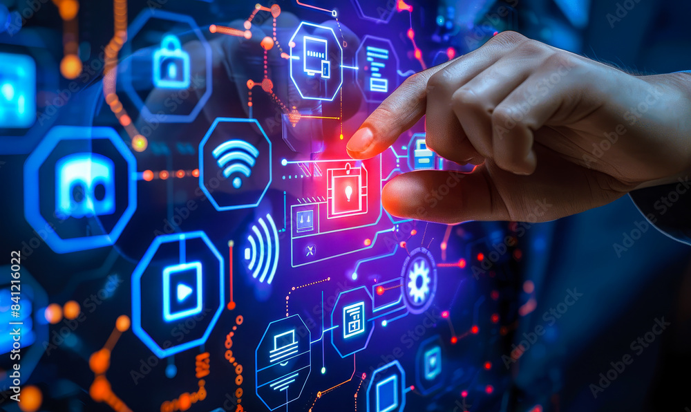 Businessman Interacts with Advanced Cybersecurity Interface at Night Highlighting Data Protection, Network Security, and Technology Concepts in a Digital Age Businessman Interacts with Advanced Cybersecurity Interface at Night Highlighting Data Protection, Network Security, and Technology Concepts in a Digital Age