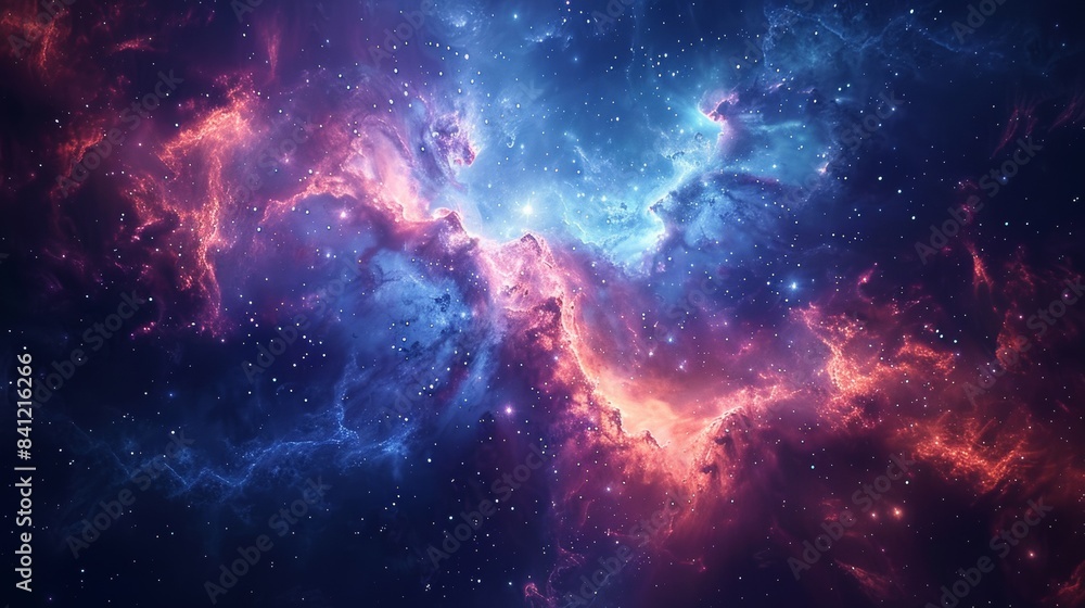 An artistic representation of a nebula, blending blues and pinks with a bright central star. An artistic representation of a nebula, blending blues and pinks with a bright central star.