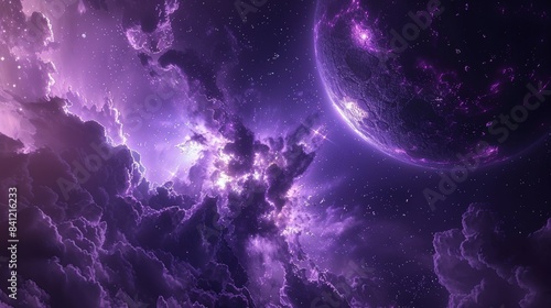 A vibrant depiction of a cosmic scene with a large purple planet amidst clouds and starry skies.