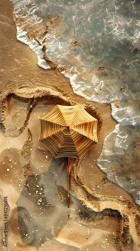 Aerial Photograph Showcasing a Vibrant Beach Umbrella Nestled within Captivating Swirling Sand Patterns Creating a Serene and Tranquil Coastal Landscape photo