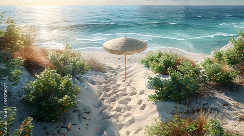 Serene Beach Umbrella and Path Leading to Tranquil Ocean Horizon   A peaceful and picturesque scene with a beach umbrella set along a sandy path photo