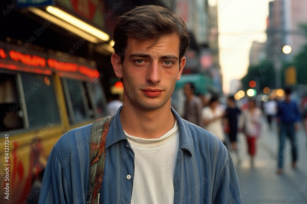A man in a blue shirt and white shirt is standing on a street with a backpack A man in a blue shirt and white shirt is standing on a street with a backpack