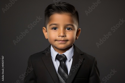 A young boy wearing a suit and tie is smiling for the camera