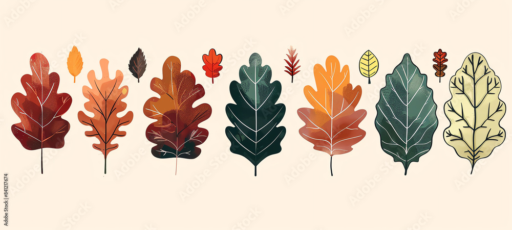 Obraz premium autumn leaves palette with earthy tones flat design side view, seasonal theme, cartoon drawing, Triadic Color Scheme.