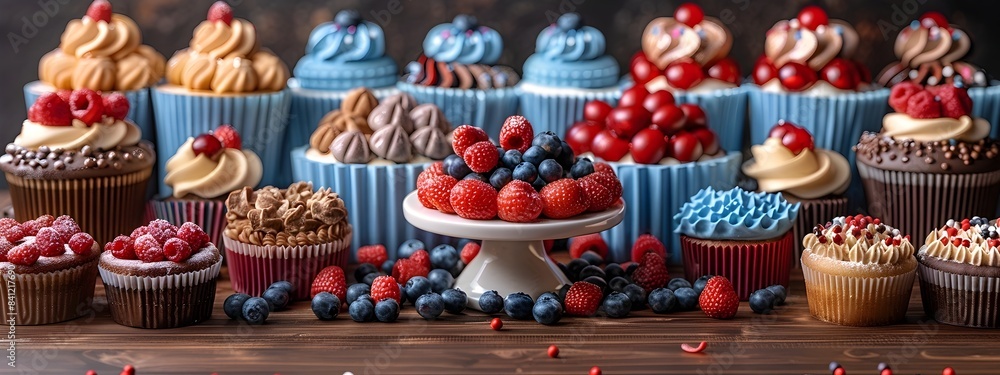 Naklejka premium Patriotic Desserts Display A festive assortment of red white and blue cupcakes berries and other sweet treats arranged on a table perfect for 4th of July and summer party