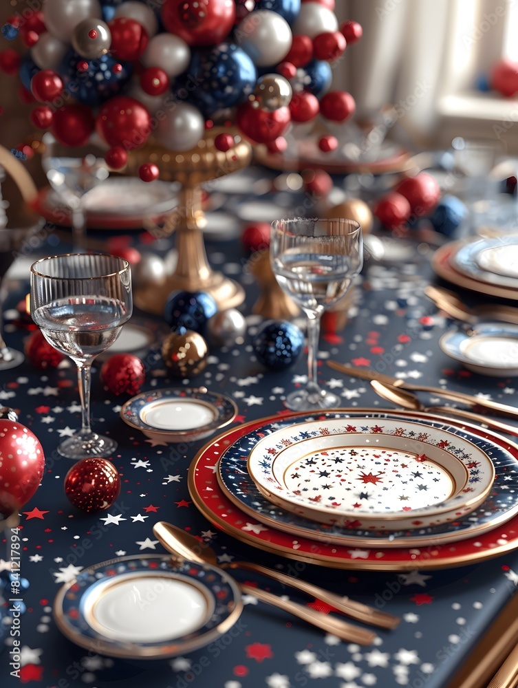 Beautifully Decorated Dining Table with Patriotic Red White and Blue Themed Tableware Centerpiece and Festive Ornaments for an Elegant Independence Day or 4th of July Beautifully Decorated Dining Table with Patriotic Red White and Blue Themed Tableware Centerpiece and Festive Ornaments for an Elegant Independence Day or 4th of July
