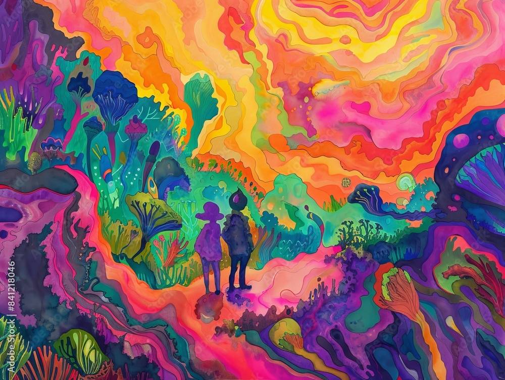 A vibrant and surreal painting of two figures walking in a colorful, dreamlike forest with a mesmerizing sunset. A vibrant and surreal painting of two figures walking in a colorful, dreamlike forest with a mesmerizing sunset.