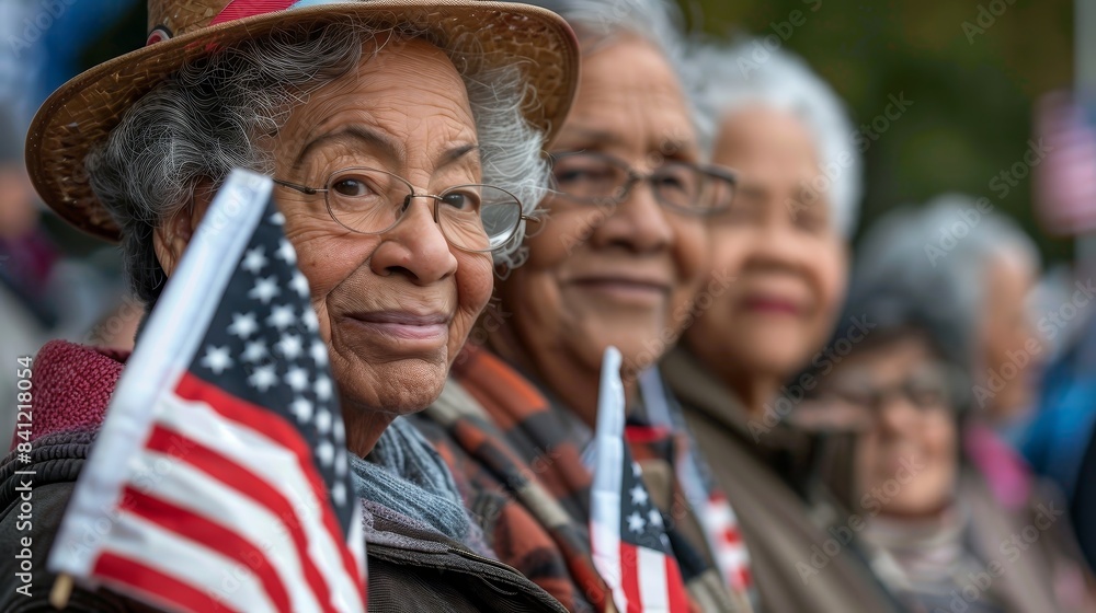 A group of seniors holding American flags at a vet 67 1 senior, couple, elderly, old, woman, people, smiling, grandfather, person, retired, mature, outdoors, retirement, love, smile, happiness, older,