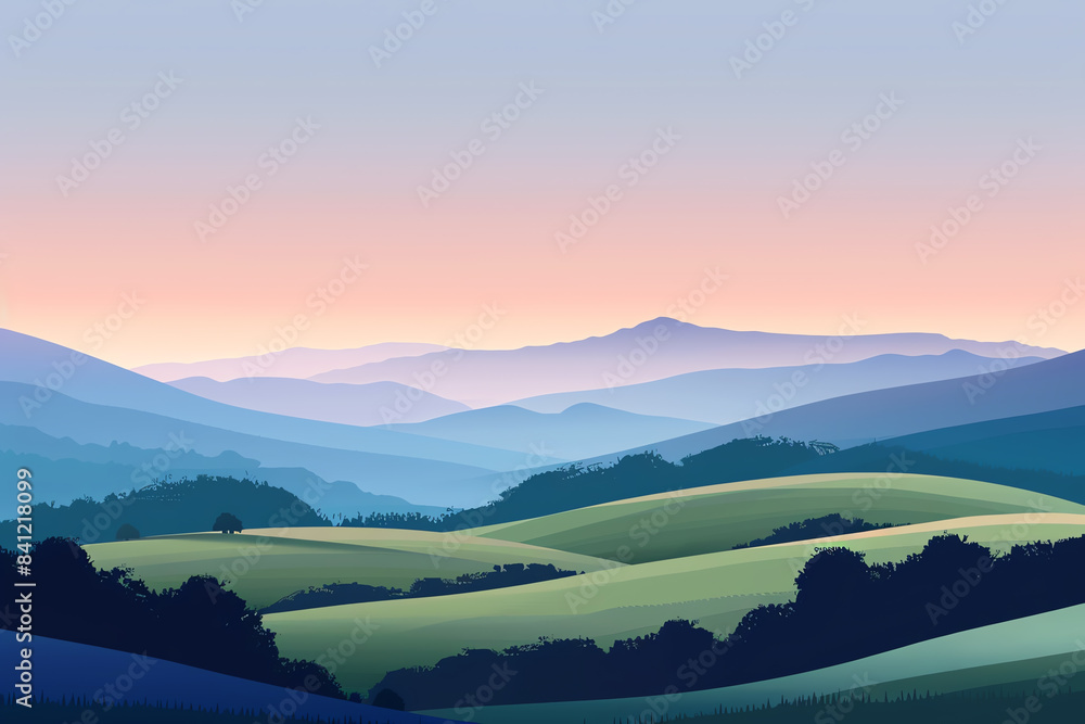 Obraz premium gentle rolling hills at dawn flat design side view, serene theme, animation, Triadic Color Scheme.