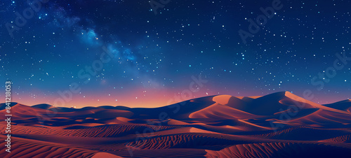 desert dunes under a starry sky flat design side view, nighttime theme, 3D render, Splitcomplementary color scheme. photo