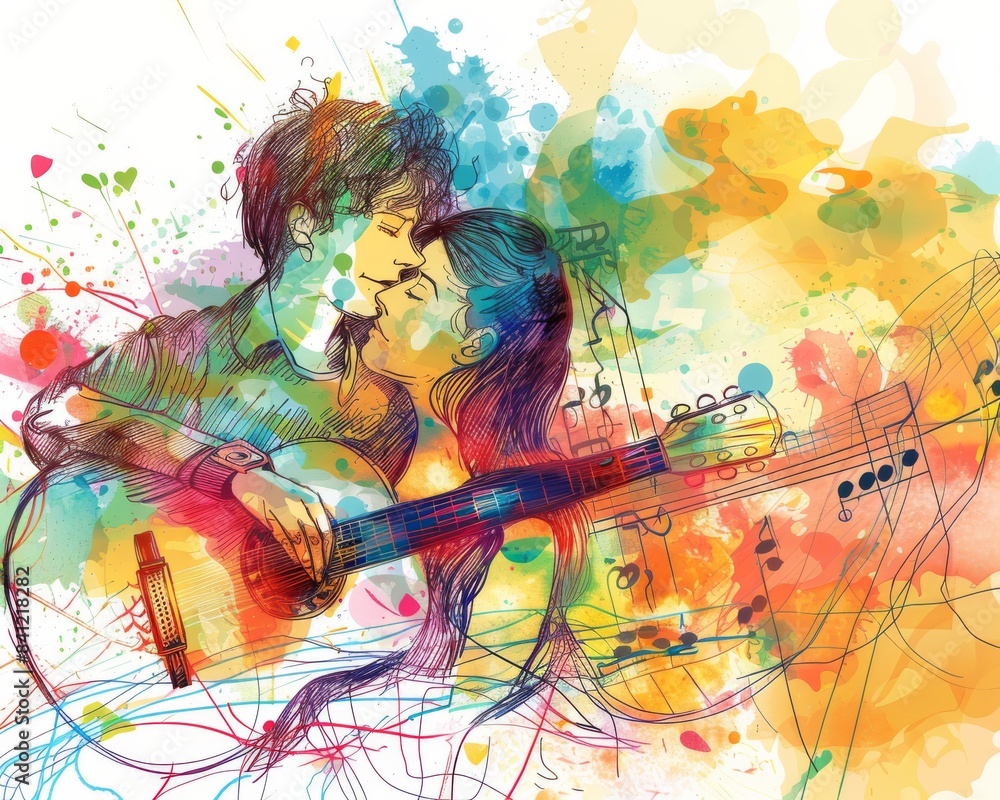 Colorful artistic illustration of a romantic couple sharing a gentle moment with a guitar surrounded by vibrant abstract splashes. Colorful artistic illustration of a romantic couple sharing a gentle moment with a guitar surrounded by vibrant abstract splashes.
