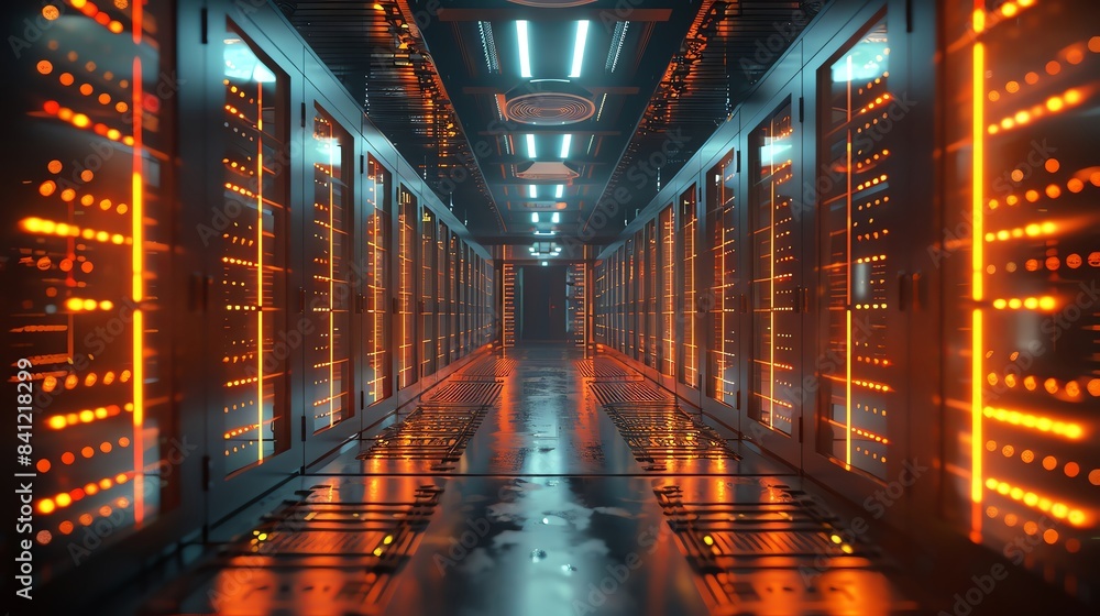 A futuristic server room with glowing orange lights and a reflective floor.