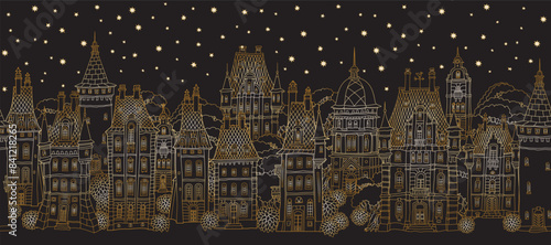 Christmas and New Year seamless border pattern. Fairy tale European castles and houses panorama. Hand drawn gold and black sketch