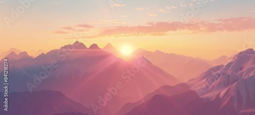 rocky mountain range at sunset flat design front view  wilderness theme  3D render  vivid.