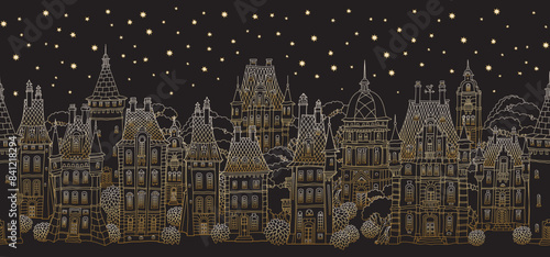 Christmas and New Year seamless border pattern. Fairy tale European castles and houses panorama. Hand drawn gold and black sketch