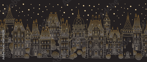 Christmas and New Year seamless border pattern. Fairy tale European castles and houses panorama. Hand drawn gold and black sketch