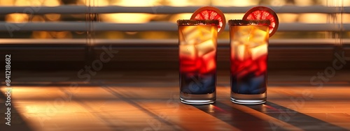 3D rendered image of patriotic themed layered beverages with a red white and blue color scheme presented in transparent glassware on a tabletop setting
