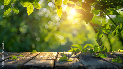 Fototapeta Naklejka Na Ścianę i Meble -  Spring summer beautiful natural background with green foliage in sunlight and empty wooden table outdoors