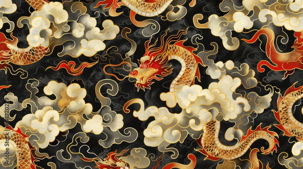 A dragon is shown in a black and gold background with clouds Stock ...