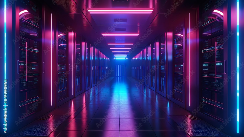 Fototapeta premium Neon lights illuminate a futuristic server room corridor, creating a vibrant and abstract scene.