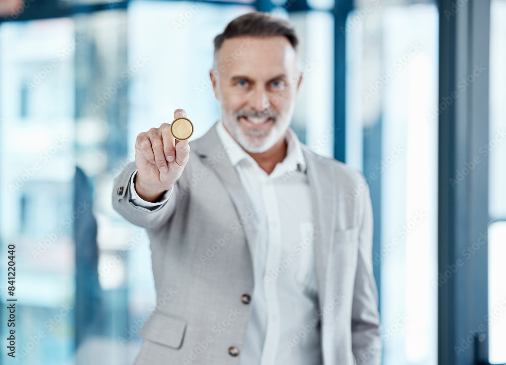 Mature businessman, portrait and coin in office smiling for crypto currency, financial security and ecommerce. Male person, gold money or cash in suit for investment, safe payment or blockchain Mature businessman, portrait and coin in office smiling for crypto currency, financial security and ecommerce. Male person, gold money or cash in suit for investment, safe payment or blockchain