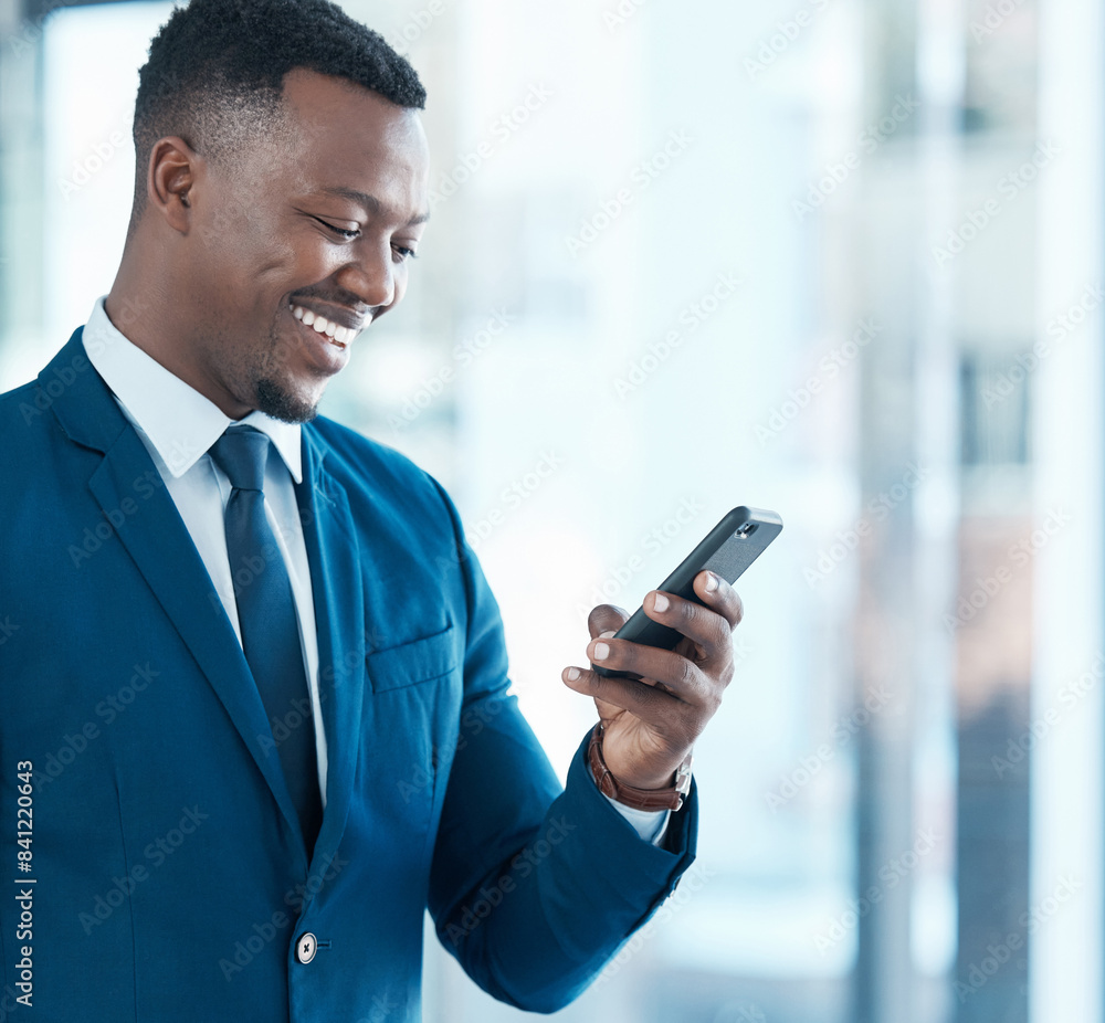 Business, black man and phone for internet research with social media, online news app and stock exchange in office. African guy, professional trader and mobile notification for financial investment Business, black man and phone for internet research with social media, online news app and stock exchange in office. African guy, professional trader and mobile notification for financial investment