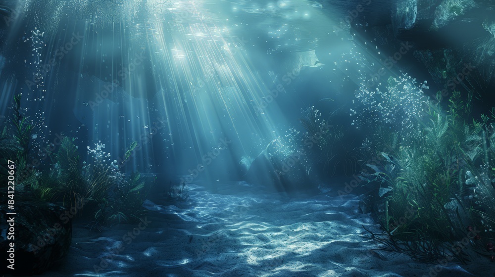 Obraz premium Illustrate a blue underwater scene with light rays penetrating the surface, evoking the mysterious and tranquil beauty of the ocean depths.