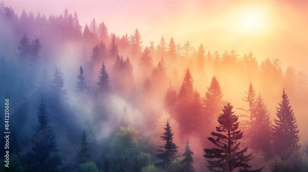 a serene forest scene with tall and green trees under a bright sun, surrounded by fog a serene forest scene with tall and green trees under a bright sun, surrounded by fog