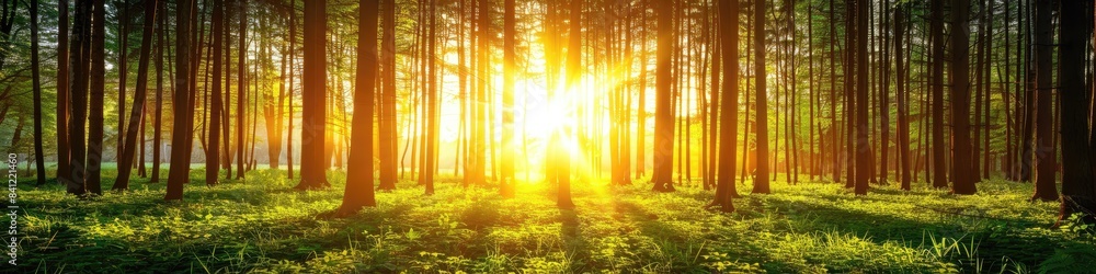 Fototapeta premium A forest with a sun shining through the trees