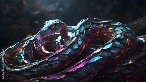 A quantum serpent slithers through fractured realities in the eerie darkness of a dystopian stygian universe, its iridescent scales gleaming with colors other than this reality. This digital painting  photo