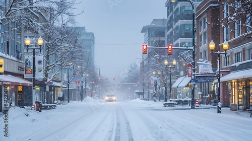 Empty snow covered main street during snow storm No traffic on snowed in city road Deep slush and ice on road not serviced or plowed Arctic winter blast Vancouver BC Canada Selective f : Generative AI