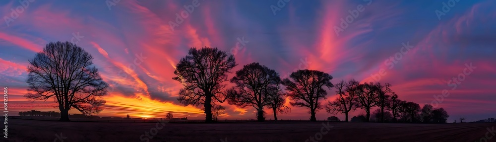 a stunning sunset illuminates a row of tall trees, including a bare and tall tree, against a backdrop of a red sky a stunning sunset illuminates a row of tall trees, including a bare and tall tree, against a backdrop of a red sky