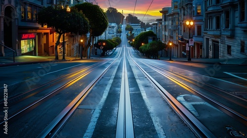 Low angle twilight view of an empty road with cable car tracks leading up a steep hill at famous California Street at dawn San Francisco California USA : Generative AI