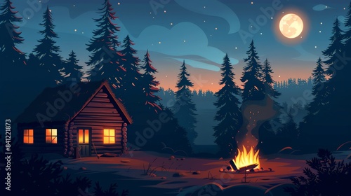 Illustrate a peaceful cabin in the woods with a campfire outside, representing the simplicity and tranquility of nature retreats. © peerawat