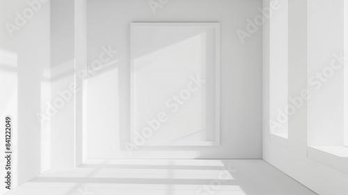 Clean, serene white empty mockup frame in a minimalist white room.