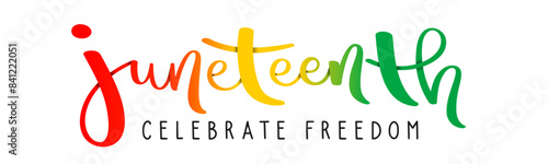 JUNETEENTH red, green and yellow vector hand lettering banner on white background