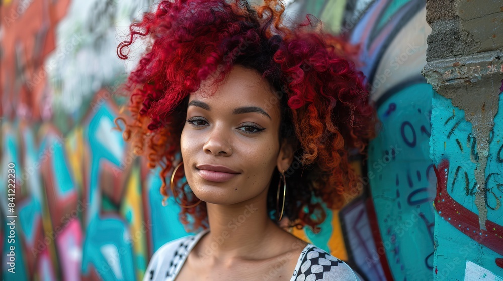 Young woman with curly red hair standing in front of a colorful graffiti wall urban fashion street art confidence Young woman with curly red hair standing in front of a colorful graffiti wall urban fashion street art confidence