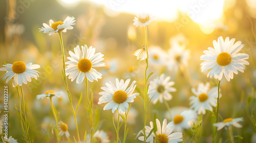 Sunlit field of daisies with fluttering butterflies. Chamomile flowers on a summer meadow in nature  panoramic landscape