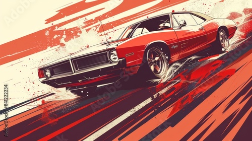 Illustrate a retro muscle car in a drag race, capturing the raw power, loud engines, and excitement of classic American automotive culture.