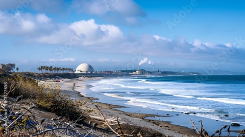 San Onofre State Beach coastline and view of the San Onofre nuclear power plant : Generative AI photo