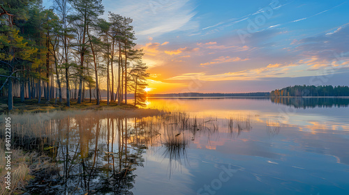 sunset at coast of the lake. Nature landscape. Nature in northern Europe. reflection  blue sky and yellow sunlight. landscape during sunset