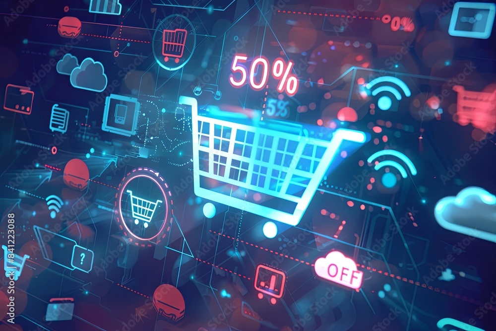 An abstract background depicting an online sale with digital shopping ...