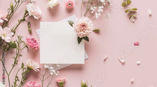 Top view of a blank white card surrounded by various pink flowers and petals on a light pink background, perfect for a floral-themed invitation.