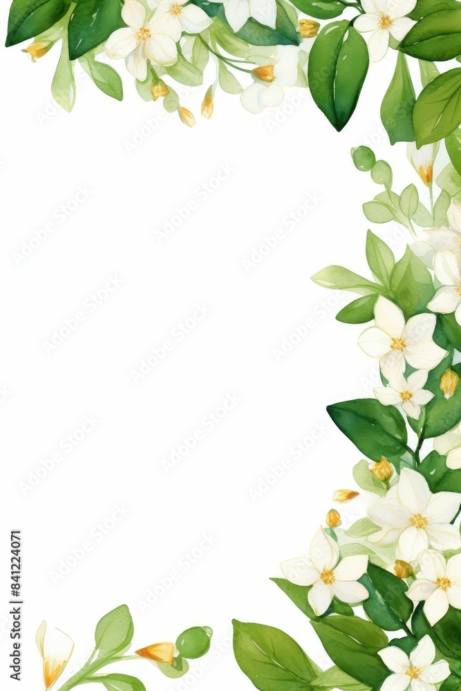 Fototapeta premium jasmine themed frame or border for photos and text. featuring delicate white flowers and green leaves. watercolor illustration, white color background.