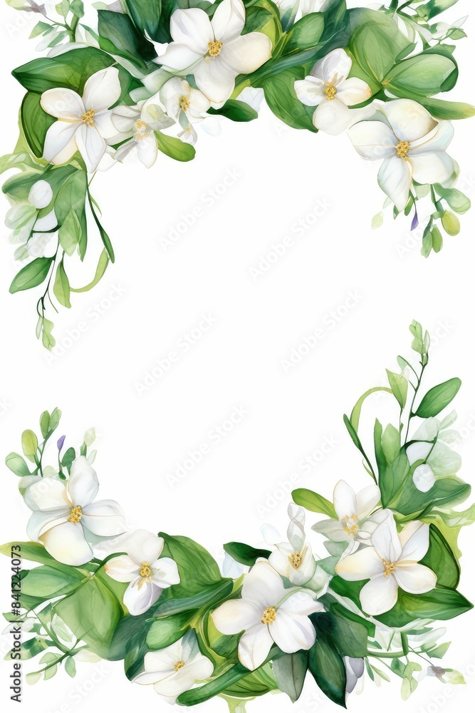 Fototapeta premium jasmine themed frame or border for photos and text. featuring delicate white flowers and green leaves. watercolor illustration, white color background.