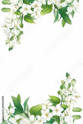Wallpaper Mural jasmine themed frame or border for photos and text. featuring delicate white flowers and green leaves. watercolor illustration, white color background. Torontodigital.ca